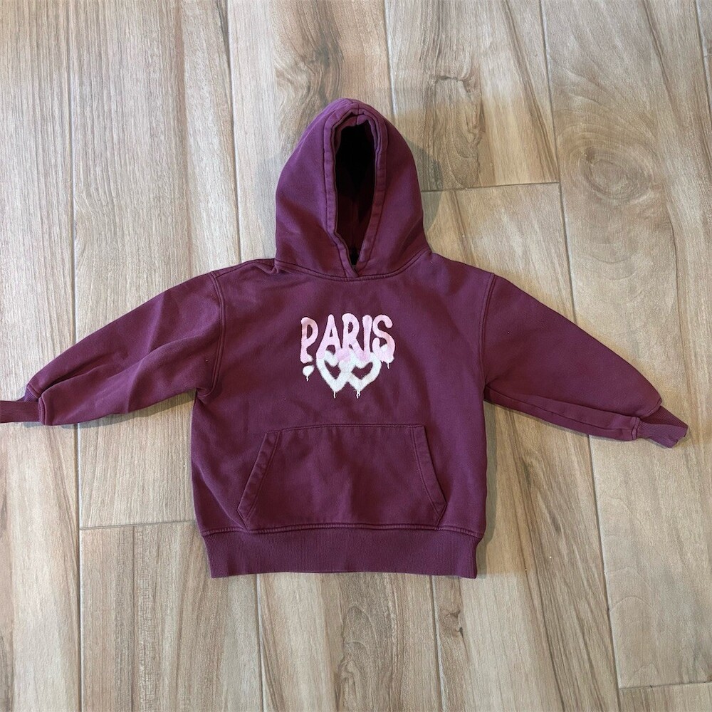 ZARA Girls Hoodie Size 8-9 Burgundy PARIS Graphic Pullover Casual School